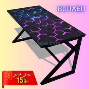 مكتب عصري بتصميم هندسي (K) – سطح برسومات ضوئية يوحي بالإضاءة لعشاق الكمبيوتر والبرمجة