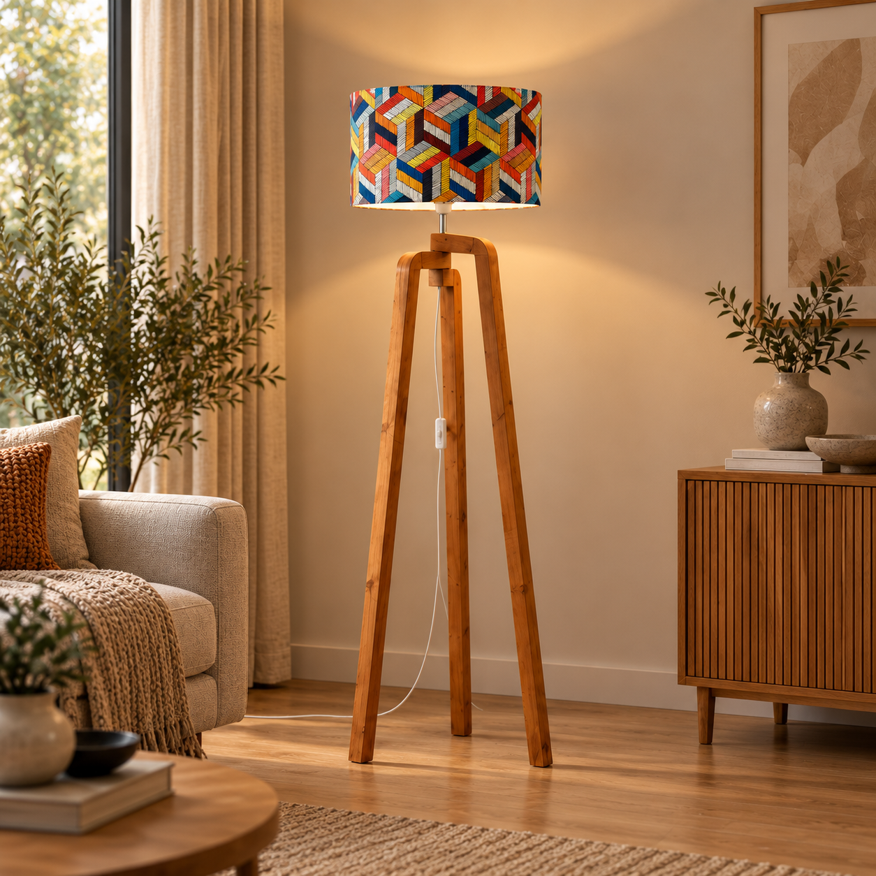 Lampadaire trépied Décatia en bois avec abat-jour motif scandinave