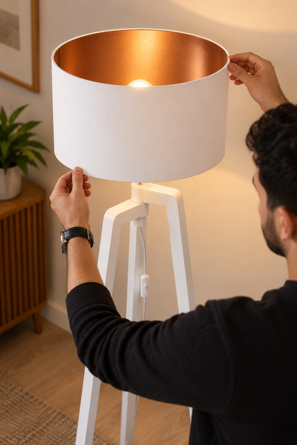 Lampadaire trépied blanc Décatia design moderne pour intérieur