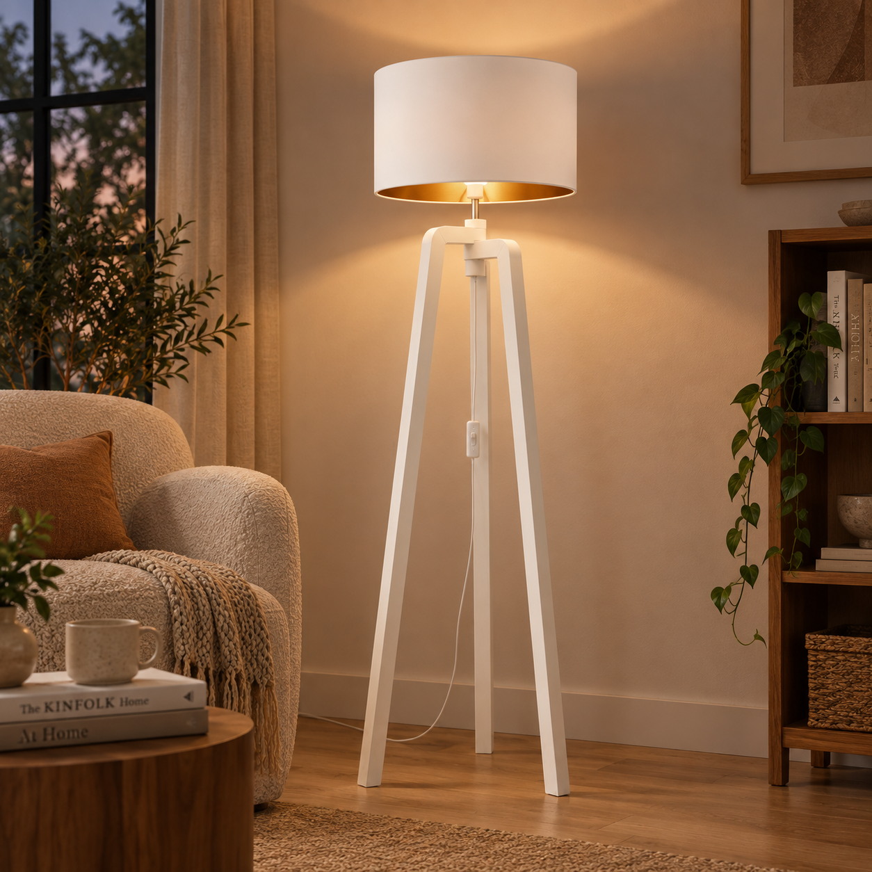 Lampadaire blanc Décatia pour chambre avec lumière d’ambiance chaleureuse