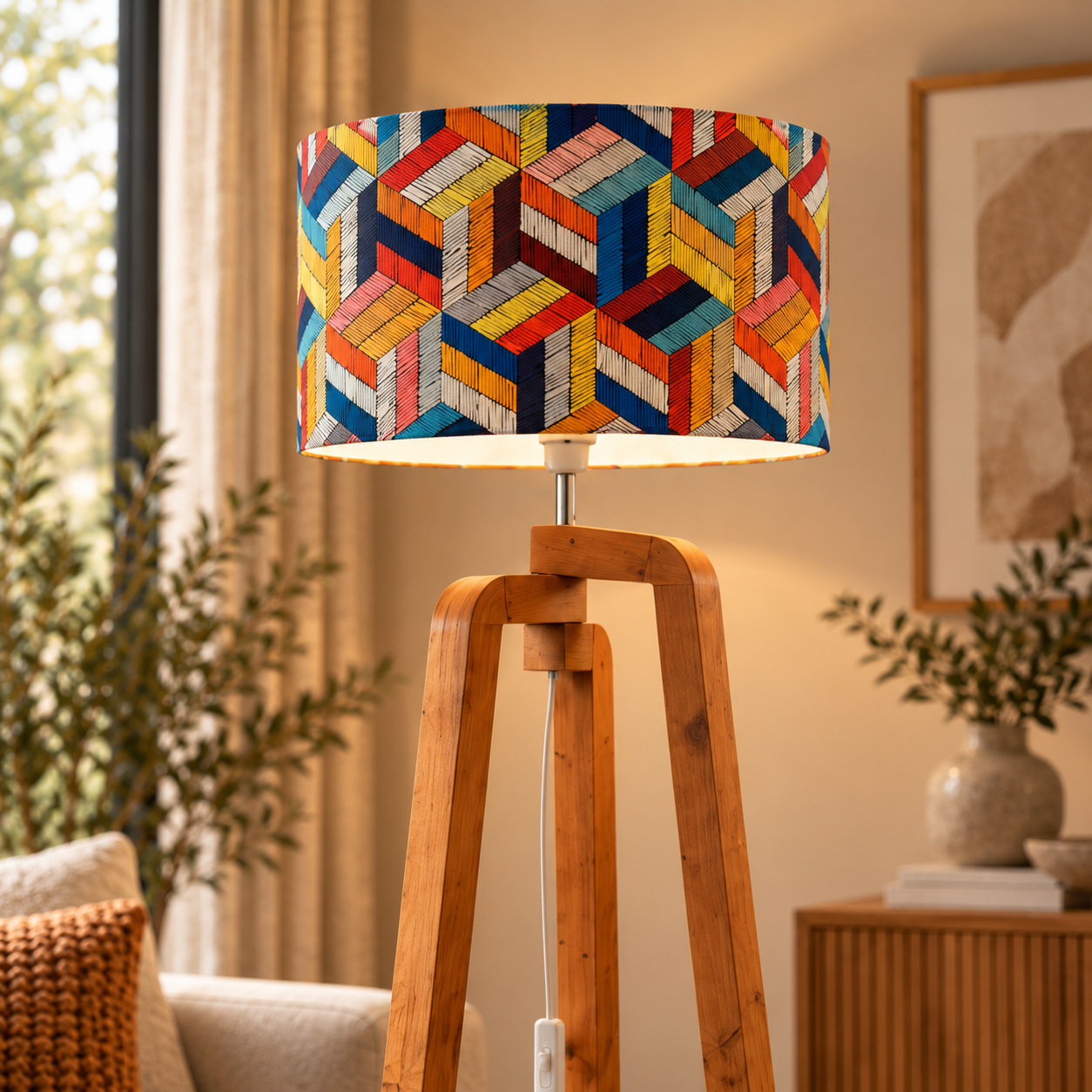 Détail abat-jour motif scandinave du lampadaire Décatia en bois